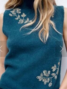 Zara Teal Gold Sequin Cropped Sweater